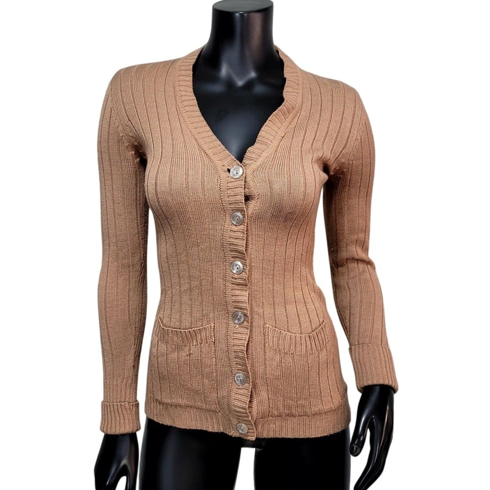 Vintage Genesis Tan Ribbed Knit VNeck Button Front Cardigan‎ Sweater S Preppy